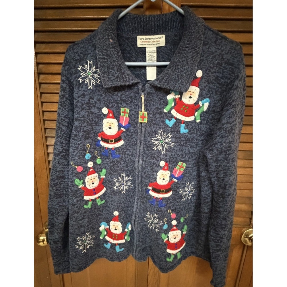 Tiara‎ Intl Christmas Sweater XL Zip Up Santa Embroidered Holiday Festive Cute